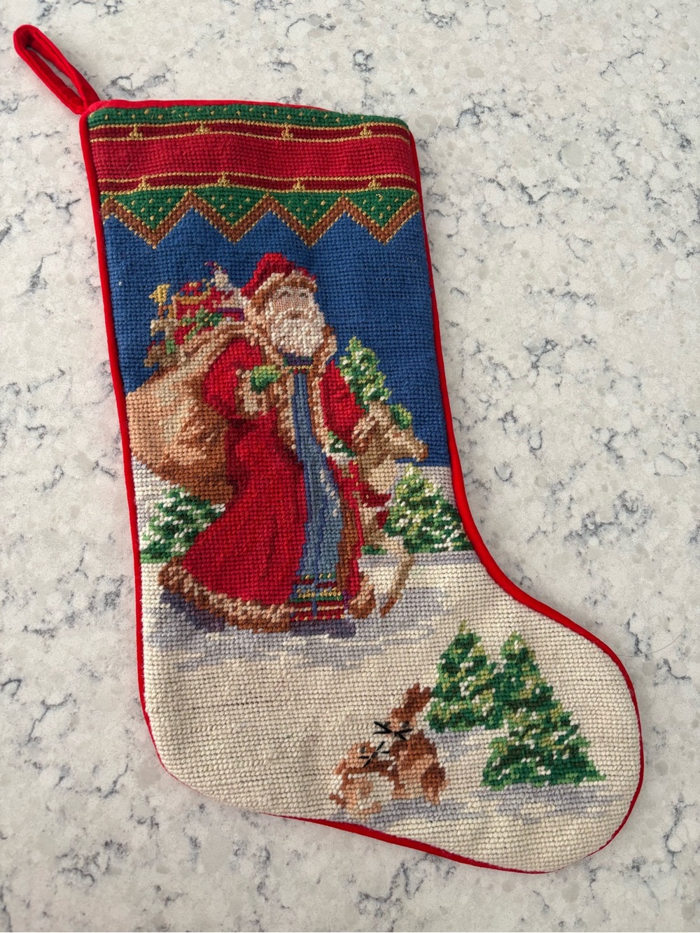 Handmade Needlepoint Christmas Stocking Reindeer Santa Claus Old World St. Nick